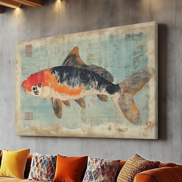Gyotaku Fish Print, Japanese Woodblock Art, Koi Fish Wall Art, Unique Home Décor, Wall Art Print for Ocean Lovers, Retro Fish Canvas Art