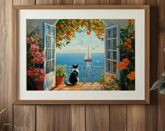 Tuxedo Cat Print, Open Window Henri Matisse Inspired Wall Art, Modern Exhibition Print, Mediterranean Sea, Orange Tree, Coastal View Canvas