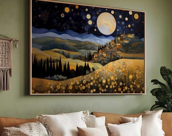Gustav Klimt Moon and Stars Canvas, Klimt Inspired Art, Village Night Klimt Exhibition Poster, Klimt Small Town Night Art, Framed Canvas