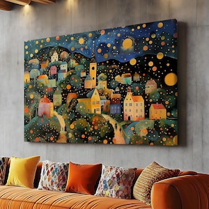 Gustav Klimt Moon and Stars Canvas, Klimt Village Night Inspired Art, Klimt Exhibition Poster, Village Night Print, Klimt Art Framed Canvas