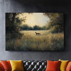Antique Fox Oil Painting | Cottagecore Fox Art Print | Spring Forest Animal Canvas Wall Art | Red Fox Village Landscape Decor | Vintage Fox