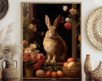 Antique Hare Art Print, Easter Bunny Oil Painting, Framed Canvas Rabbits Oil Painting Vintage Spring Wild Hare Poster Cottagecore Canvas Art