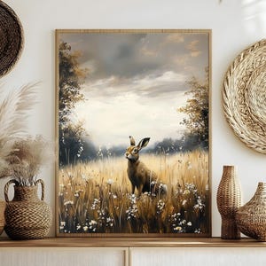 Moody Dark Wildflower Hare Print, Vintage Oil Painting Wall Art, Rabbit Floral Cottagecore Farmhouse Wall Decor Rabbit Bunny Artwork Canvas
