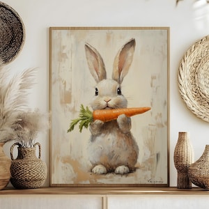 Adorable Bunny Eating Carrot Print, Whimsical Farmhouse Animal Art, Rustic Rabbit Wall Decor Nursery Poster, Vintage Hare Canvas Wall Art