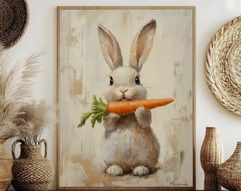 Adorable Bunny Eating Carrot Print, Whimsical Farmhouse Animal Art, Rustic Rabbit Wall Decor Nursery Poster, Vintage Hare Canvas Wall Art