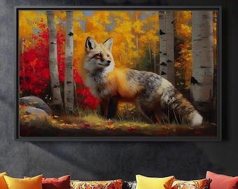 Autumn Forest Fox Oil Painting, Rustic Woodland Animal Artwork, Colorful Fall Landscape Print, Nature Landscape Home Decor, Framed Canvas
