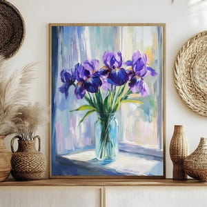 Art de peinture à l&#39;huile de fleurs d&#39;iris violets, oeuvre d&#39;art élégante de vase en verre, peinture florale, impression de décoration botanique vibrante, art mural maximaliste