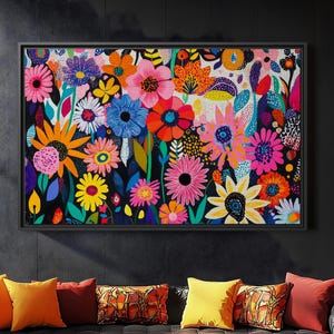 Yayoi Kusama Inspired Floral Canvas Print Abstract Botanical Art Japandi Decor Large Framed Canvas Living Room Wall Art Colorful Modern Art