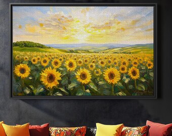 Sunflower Field Painting, Sunflower Wall Art, Sunflower Summer Landscape Art, Nature Wall Art, Summer Landscape, Rustic Farmhouse Decor