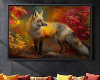Autumn Forest Fox Oil Painting, Realistic Wildlife Canvas Wall Art, Rustic Woodland Home Decor, Nature Landscape Artwork for Living Room