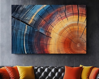 May include: A black leather sofa with tufted upholstery and a wood coffee table. The sofa is decorated with colorful throw pillows. A large abstract painting of a tree trunk cross-section hangs on the wall behind the sofa.