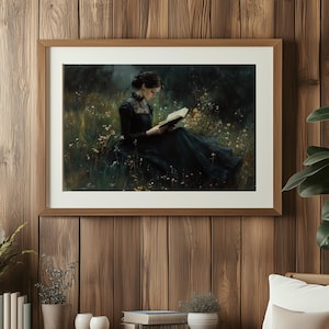 Victorian Woman Reading Bookish Wall Art Print, Dark Academia Decor, Large Framed Canvas Art, Moody Reading Nook Painting, Book Lover Gift