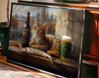 Bar Cart Wall Decor Cat Beer Wine Art Print Retro Kitchen Decor Mid Century Modern Decor Trendy Wall Art Still Life Print Dining Room Poster