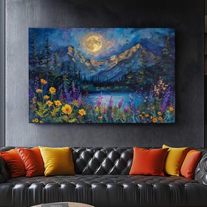 Mystical Midnight Enchanted Moon Art, Full Moon Above Nature Oil Painting, Moon Above the Wildflowers Woodland Art Print, Flower Tree Art