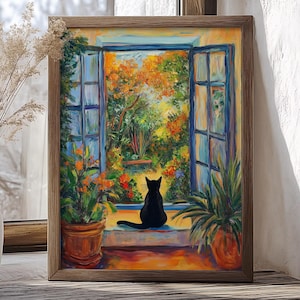 May include: A painting of a black cat sitting on a windowsill, looking out at a garden scene. The window is open and the garden is filled with colourful flowers and plants. The painting is framed in a brown wooden frame.