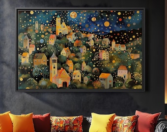 Gustav Klimt Village Night Canvas, Klimt Moon and Stars Inspired Art, Klimt Exhibition Poster, Village Night Print, Klimt Art Framed Canvas