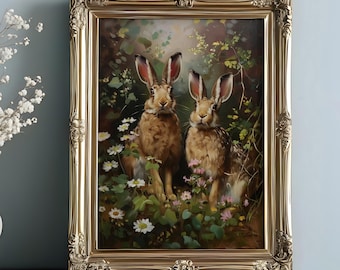 Bunny Rabbit Print, Wild Hare Oil Painting, Couple Bunny Oil Painting Canvas, Countryside Hare Oil Painting Poster Farmhouse Rabbit Art Gift