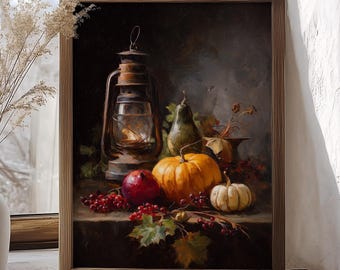 Fall Pumpkin Print, Harvest Still Life Wall Art, Rustic Lantern Canvas Art, Cozy Fall Home Decor, Vintage Art, Seasonal Thanksgiving Decor