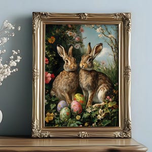 Easter Bunny Oil Painting, Couple Bunny Wall Art Poster, Framed Canvas Rabbits Oil Painting, Vintage Wild Hare Poster Cottagecore Canvas Art