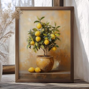 May include: A framed painting depicting a potted lemon tree with yellow lemons. The tree is in a terracotta pot and is set against a light brown background.