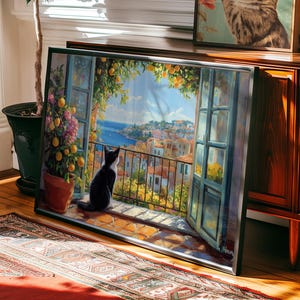 Open Window Henri Matisse Tuxedo Cat Print, Modern Exhibition Print, Mediterranean Sea Orange Tree Coastal View Canvas, Matisse Inspired Art