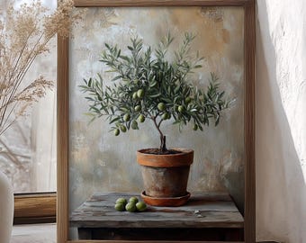 Olive Tree in Terracotta Pot Wall Art, Rustic Mediterranean Decor, Botanical Painting, Kitchen Wall Art, Nature Inspired Home Decor Canvas