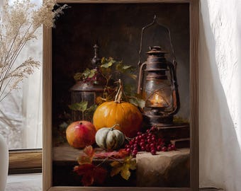 Pumpkin Still Life Oil Painting Wall Art, Rustic Harvest Canvas Print, Cozy Fall Home Decor, Vintage Lantern Seasonal Thanksgiving Artwork