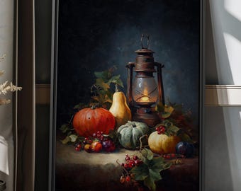 Autumn Pumpkin Still Life Oil Painting Wall Art, Rustic Harvest Canvas Print, Cozy Fall Home Decor, Vintage Seasonal Thanksgiving Artwork