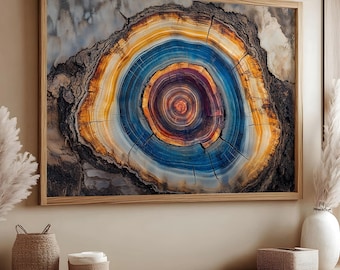 May include: A framed print of a colorful abstract tree ring pattern with shades of blue, yellow, orange, and red. The print is framed in a light wood frame and is hanging on a wall.