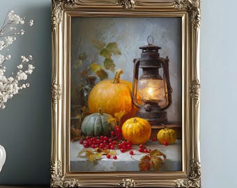 Autumn Pumpkin Still Life Oil Painting Wall Art, Rustic Harvest Canvas Print, Cozy Fall Home Decor, Vintage Seasonal Thanksgiving Artwork