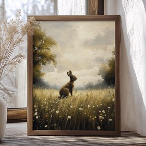 Vintage Rabbit Oil Painting Art Moody Dark Wildflower Hare Print, Rabbit Floral Cottagecore Farmhouse Wall Decor Rabbit Bunny Artwork Canvas