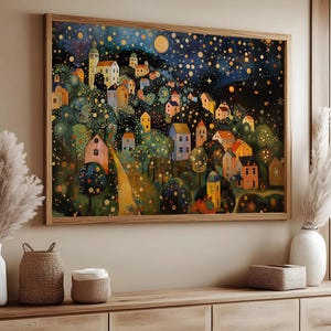 Gustav Klimt Village Night Print, Klimt Inspired Wall Art, Moon Stars Tree Artwork, Unique Home Decor Canvas Vintage Landscape Framed Canvas