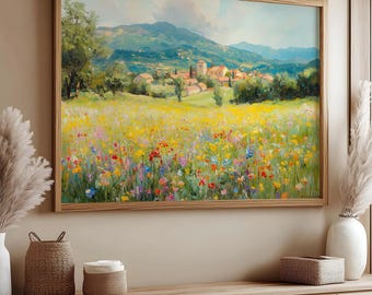 Wildflower Field Wall Art, Vintage Botanical Landscape Print, Modern Farmhouse Canvas Art, Wild Floral Decor, Wildflower Art New House Gift