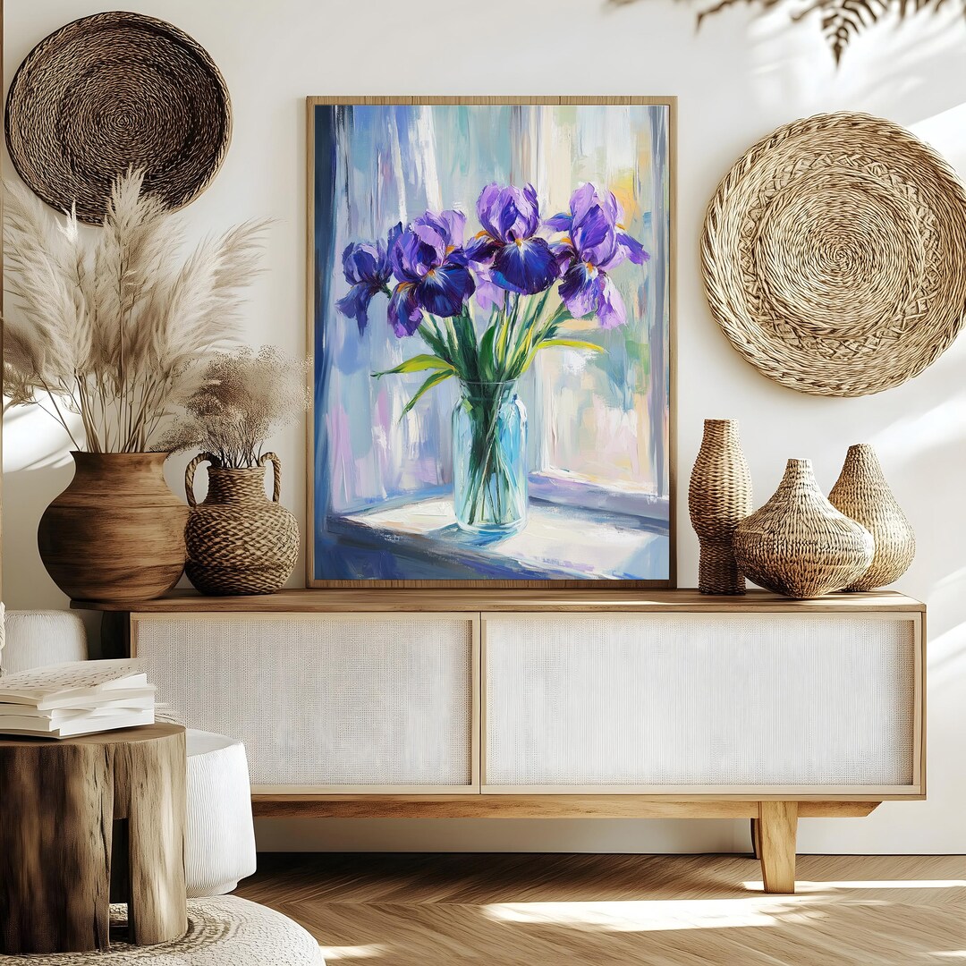 Purple Iris Flowers Oil Painting Art, Elegant Glass Vase Artwork ...