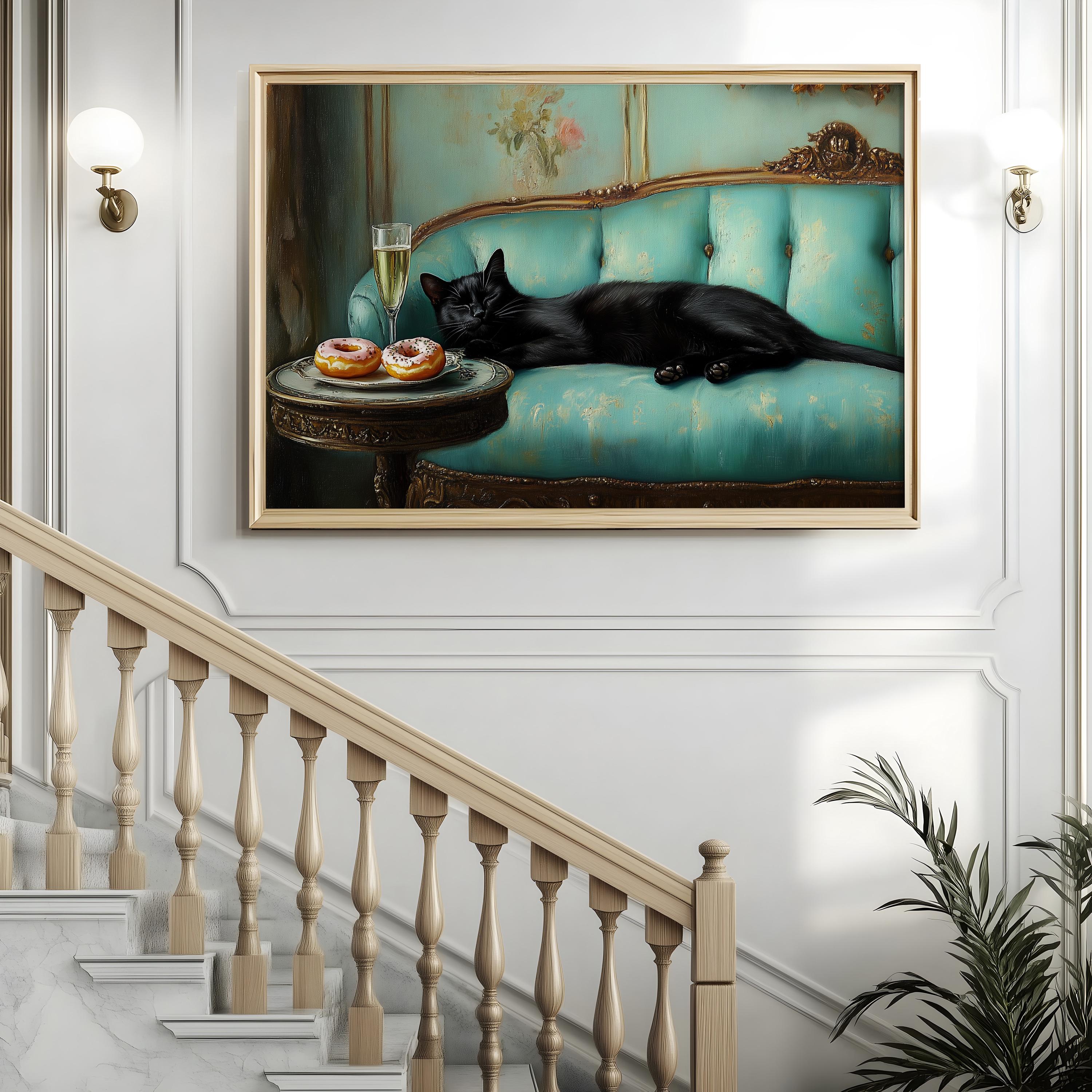 Black Cat Champagne Donut Art Print Whimsical Wine Wall Art Quirky Bar ...
