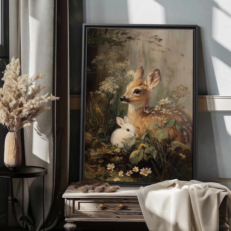 May include: A framed art print depicting a fawn and a white rabbit amidst wildflowers and foliage. The artwork has a vintage style with muted tones, creating a natural theme. The print is displayed on a wall, adding a touch of nature-inspired decor.