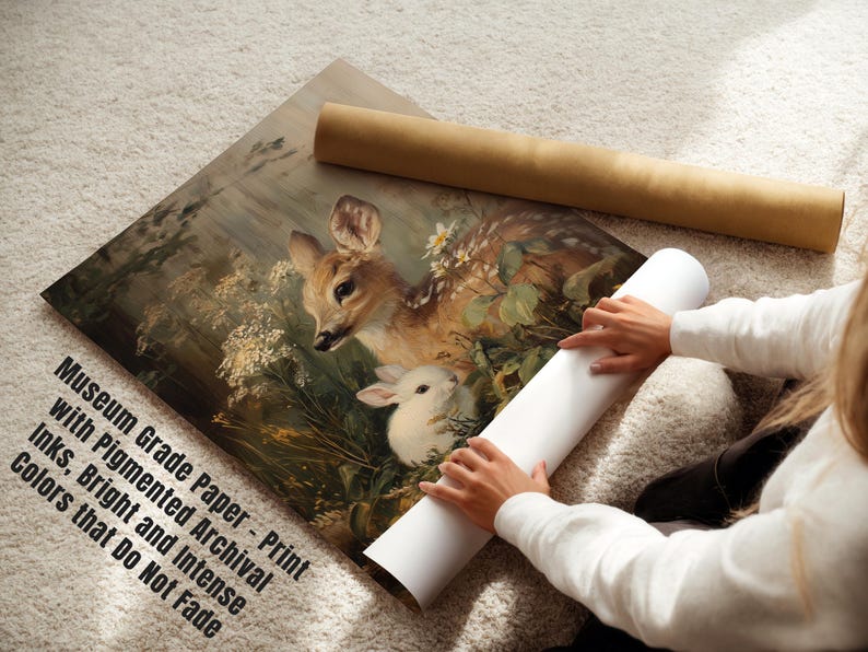 May include: A museum-grade print shows a fawn and a white rabbit in a woodland scene. The artwork is rolled with a brown tube and a white tube. The text on the print reads: Museum Grade Paper - Print with Pigmented Archival Inks, Bright and Intense Colors that Do Not Fade.