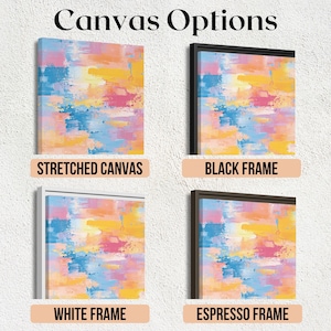 May include: Image showing canvas art options. The artwork has an abstract design with blue, yellow, pink, and white colours. Options include a stretched canvas, a black frame, a white frame, and an espresso frame.