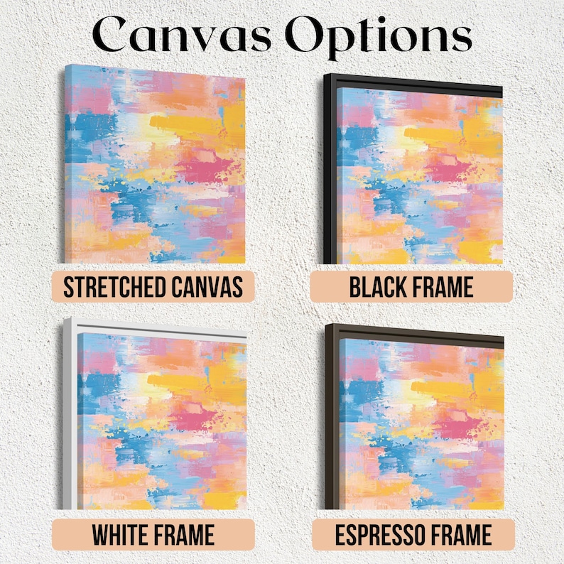 May include: Image showing canvas art options. The artwork has an abstract design with blue, yellow, pink, and white colours. Options include a stretched canvas, a black frame, a white frame, and an espresso frame.