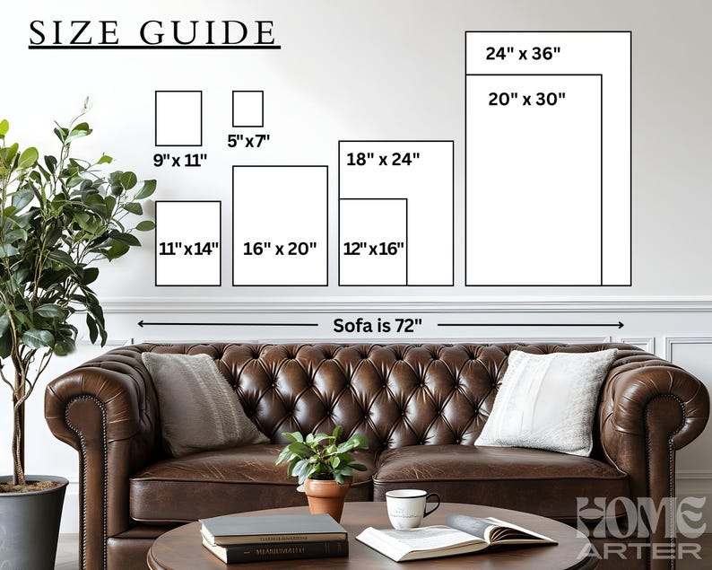 May include: A size guide graphic displays rectangular art print sizes: 12.7cm x 17.8cm, 22.9cm x 27.9cm, 27.9cm x 35.6cm, 30.5cm x 40.6cm, 40.6cm x 50.8cm, 45.7cm x 61cm, 50.8cm x 76.2cm, and 61cm x 91.4cm. The text "Sofa is 72"" is below the art prints.