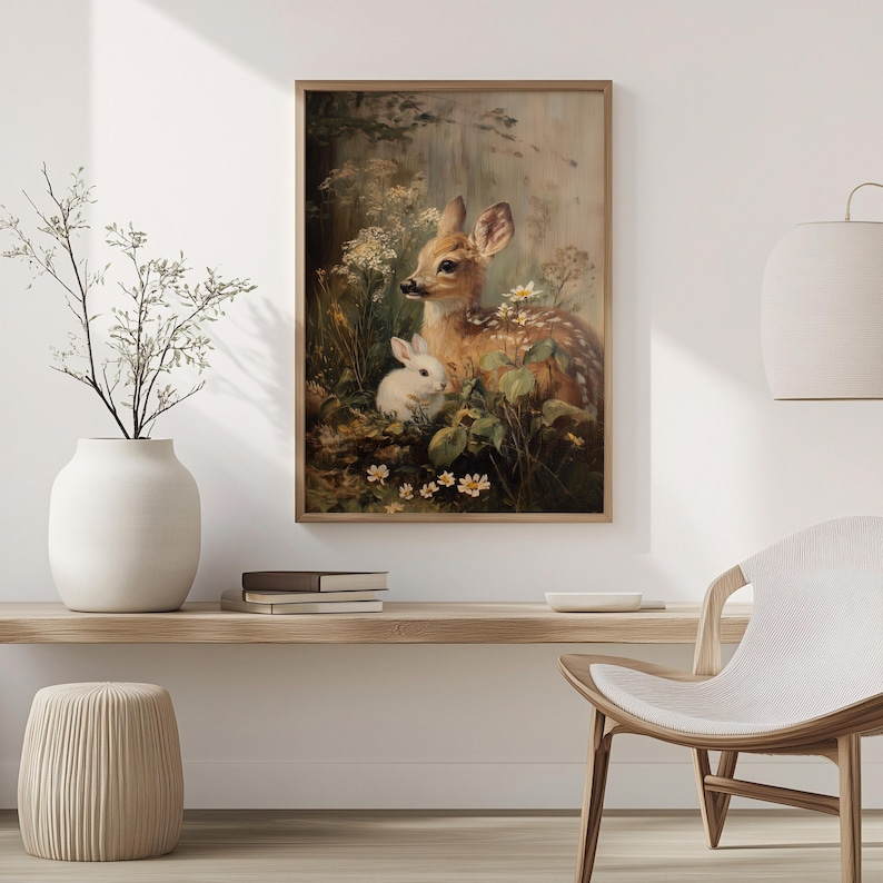 May include: A framed vintage-style print depicting a fawn and a white rabbit amidst wildflowers and foliage. The artwork uses a warm colour palette with soft lighting, creating a tranquil, natural scene. The frame is a light brown colour.