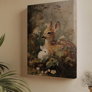 May include: A canvas print depicting a tranquil woodland scene. A young deer with spotted fur and a white rabbit are amongst wildflowers and greenery. The artwork has a vintage, painterly style with soft colours.