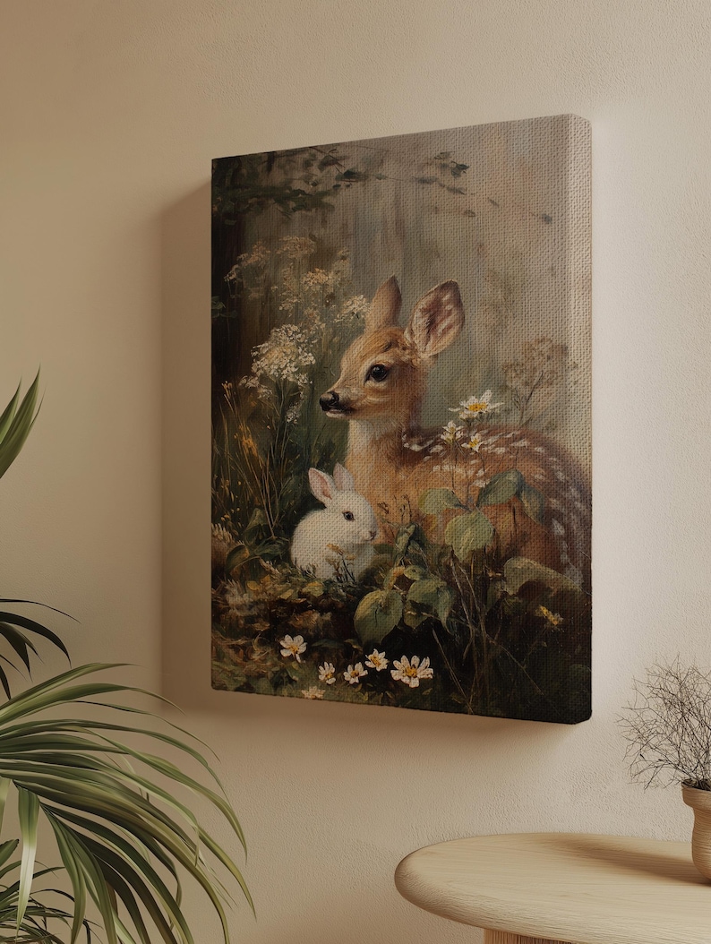 May include: A canvas print depicting a tranquil woodland scene. A young deer with spotted fur and a white rabbit are amongst wildflowers and greenery. The artwork has a vintage, painterly style with soft colours.