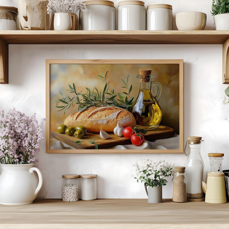 Country Kitchen Still Life - Vintage Food Art Oil Painting, Herbs ...