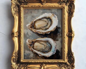 Oysters Oil Painting Art, Still Life Painting Sea Food Poster, Two Oysters Wall Art Canvas, Kitchen Art, Restaurant Decor, Dinner Room Art