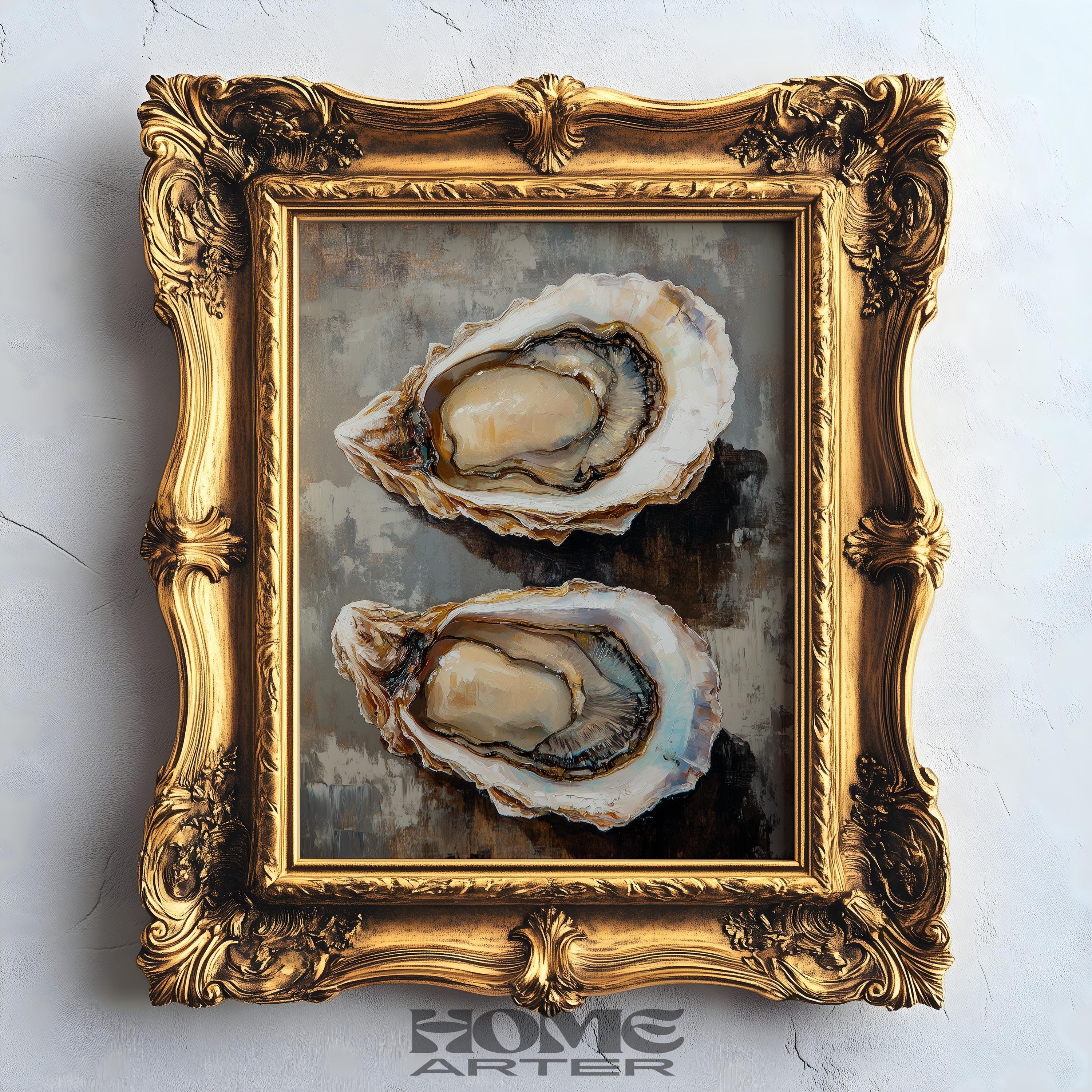 Oysters Oil Painting Art, Still Life Painting Sea Food Poster, Two Oysters Wall Art Canvas, Kitchen Art, Restaurant Decor, Dinner Room Art