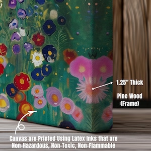 May include: A floral canvas print featuring a vibrant array of colorful flowers against a green background. The artwork is stretched over a 1.25-inch thick pine wood frame. The canvas is printed using non-hazardous, non-toxic, and non-flammable latex inks.
