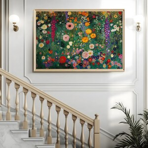 May include: A framed floral painting with a gold-colored frame. The artwork features a vibrant display of colorful flowers in shades of red, pink, yellow, and purple against a green background. The painting is displayed above a staircase.