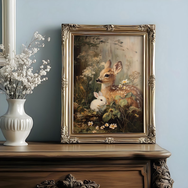 May include: A framed painting of a fawn and a white rabbit amidst wildflowers and foliage. The artwork is presented in a gold, ornate frame. The painting is displayed on a wooden surface, adding a classic touch.