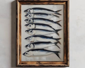Sardines Art Print, Oil Painting Still Life, Sardine Oil Painting Canvas, Miniature French Country Kitchen Art, Restaurant Fish Art Poster